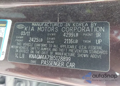 2011 Kia Optima Lx z USA, uszkodzony, nr VIN KNAGM4A71B5128899